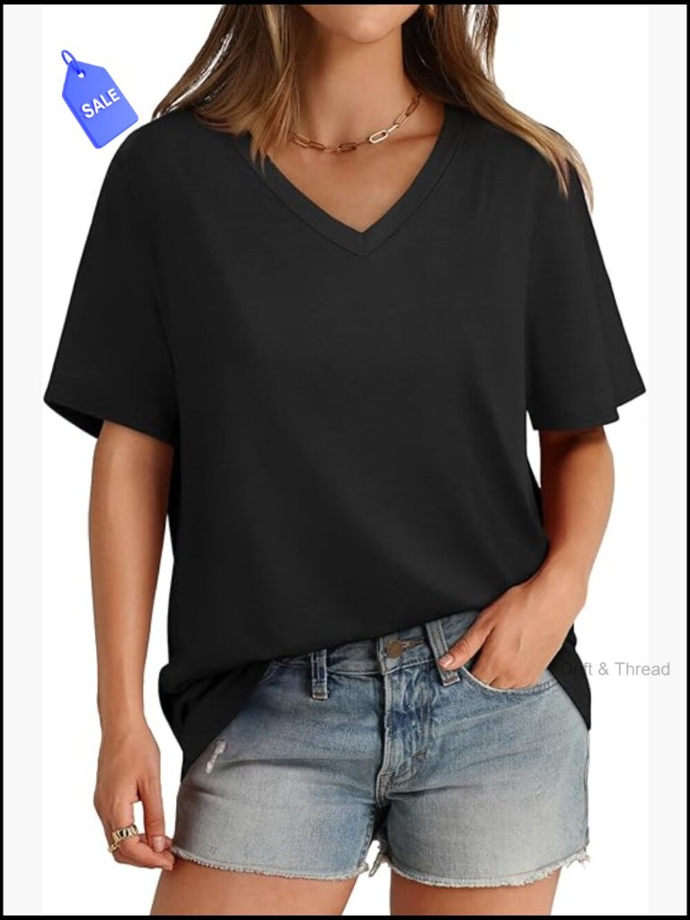 V-Neck Short Sleeve T-Shirt Loose Fit Summer Top Polyester Blend Tee